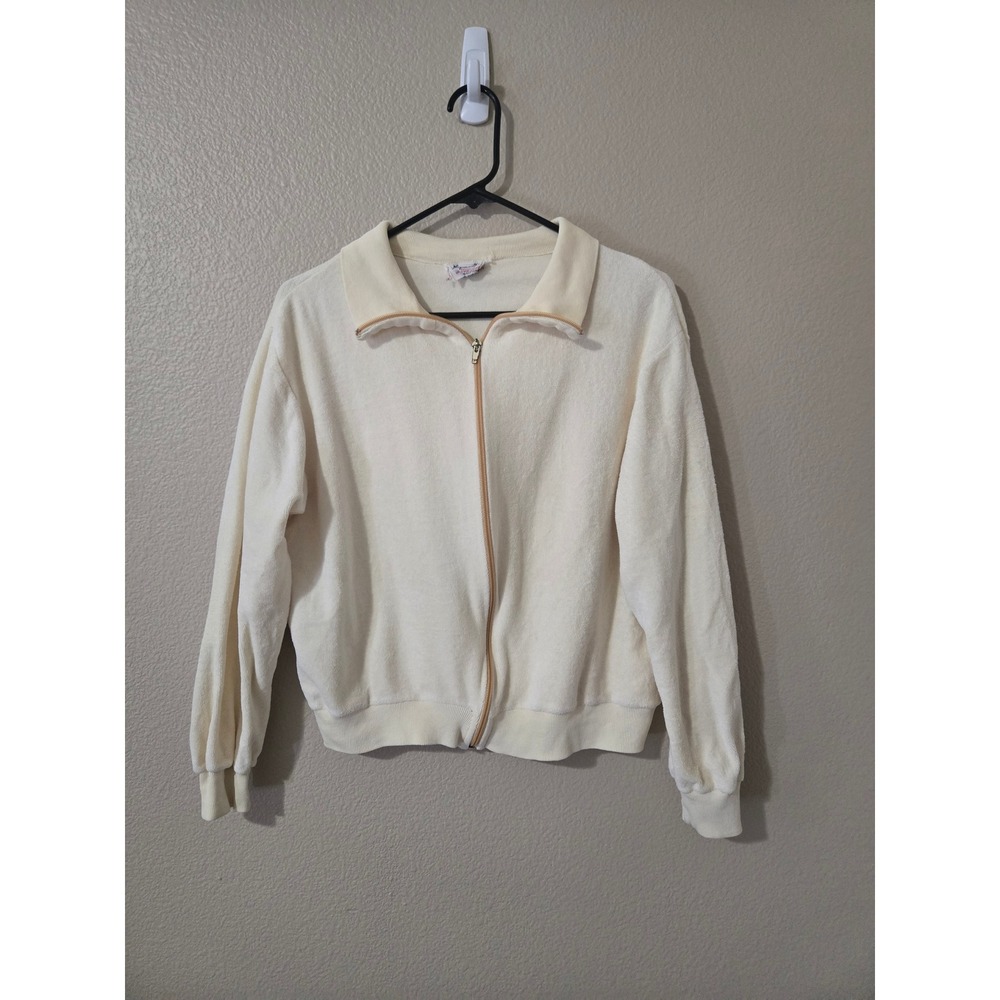 Vintage Rare Haymaker Cream Terry Cloth Full Zip Track Sweatshirt Cotton Medium - Picture 2 of 6